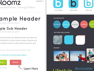 Style Tile v1 app birdsnest blue buttons color palette lifestyle lime rounded font style guide style tile teal typography