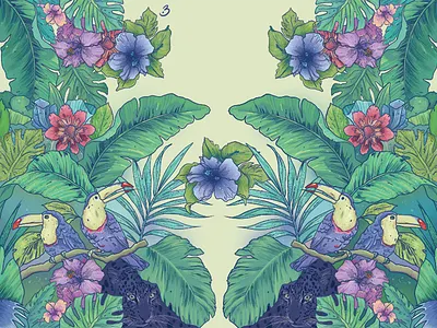 Tropical800x600 birds cat drawing flowers illustration leafs natural painting pantera photoshop tropical wallpaper