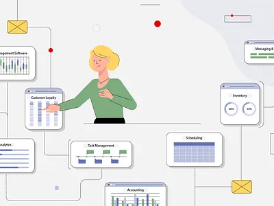 The girl uses software adobeillustrator businessillustration dashboards design explainervideo finance flatillustration graphic design illustration motion graphics software vector