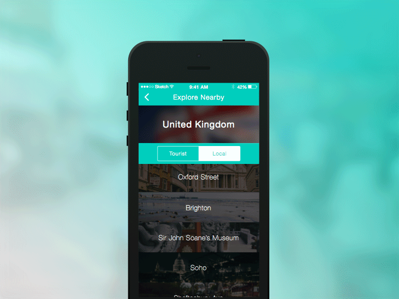 Travel/Explore iOS App Concept app button flat horizontal icons interface ios iphone list mobile share toggle