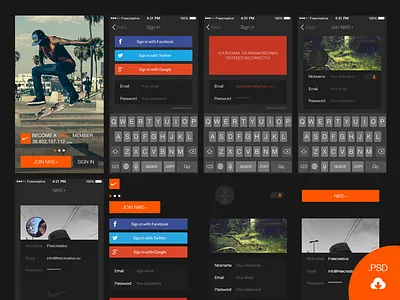 UI Kit Login iPhone black flat free gui interface kit login mobile photoshop psd ui ux