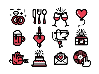 Wedding Icons beer cake camera dj dove fork heart icons rings wedding wine