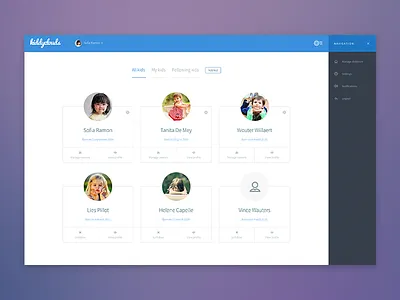 Kiddyclouds Manage Childeren avatars cards childeren flat navigation off canvas simple tabs web application webdesign website