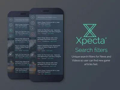 Xpecta mobile app search filters app app concept design app design clean designer gamer iphone iphone app modern ui ux web designer