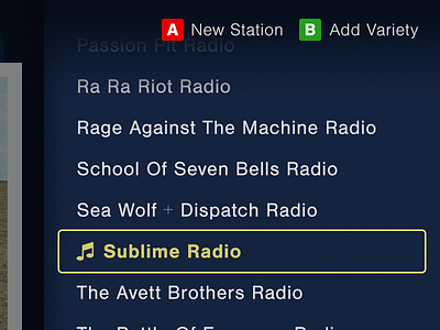 Radio Station Menu – Pandora for Smart TVs (@2x + Full Pixels) app audio drawer fullscreen music pandora radio smart tv tv ui