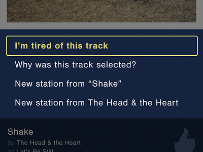 Track Options – Pandora for Smart TVs (@2x + Full Pixels) app audio fullscreen music pandora smart tv tv ui