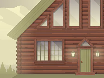 Log Cabin Detail cabin clouds illustration light log cabin mountains shadow stars trees