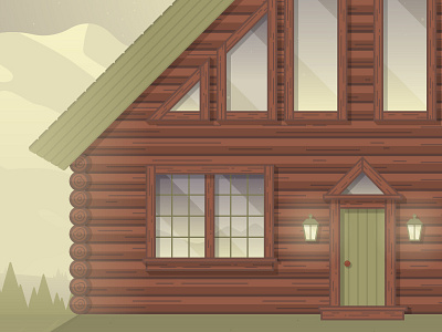 Log Cabin Detail cabin clouds illustration light log cabin mountains shadow stars trees