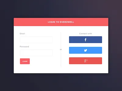 Everdwell Login buttons facebook form google login modal red signup social twitter ui ux