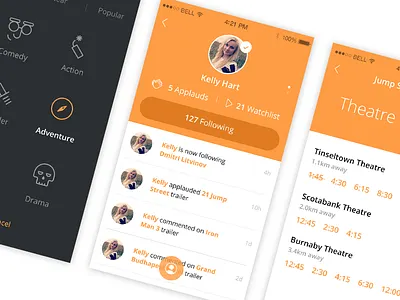 fliiicks screens app icons avatar filter fliiick following icons movie app movies profile theatre time ui design