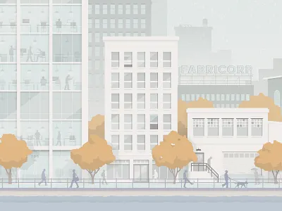 Nearing the end city illustration industries landscape offices scaffold signage