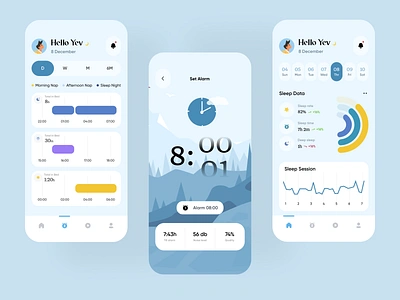 Sleep meditation app alarm app app design calendar dashboard illustrations interface ios app meditation relax relaxing app sleep sleep app sleep magic app sleep statistics statistics tracking ui wake up yoga app