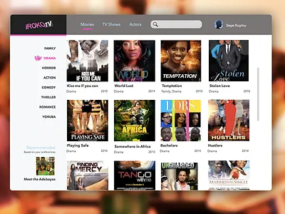 Concept design for Iroko TV + Sketch file clean interface iroko iroko tv movies nollywood online tv ui user interface web