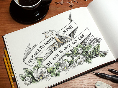 Song Of Solomon 2:11 bible birds flower hand drawn illustration logos bible software paper pen and ink scripture typography verse watercolor