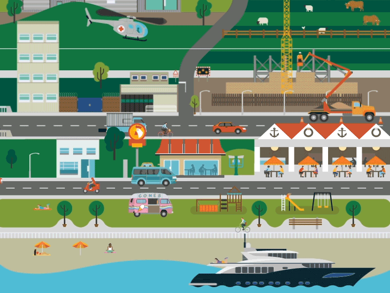 In the city boats cars city gif helicopter icons motion police robber running trains