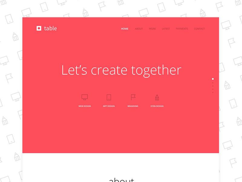 Table Creative Landing Page about branding contact design home iconography icons landing page ui uiux web work