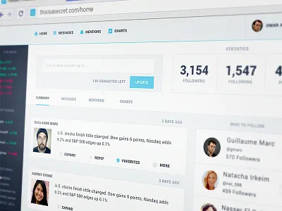 Social financial communications platform blue clean communication crisp flat interface social twitter website white