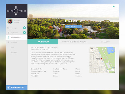 Suits and Tables Venue Profile chicago dashboard events gallery map profile tabs ui ux website