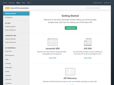Inbox API Documentation docs documentation green grey icons webapp white