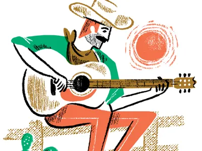 Guitar Playin' Cowboy cactus character cowboy draw fence guitar illustration sun wild west