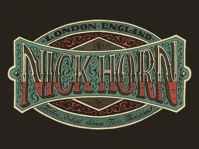 Nick Horn Tattoo banner calligraphy flourish hand drawn hand lettering lettering monogram ornate stipple tattoo typography victorian