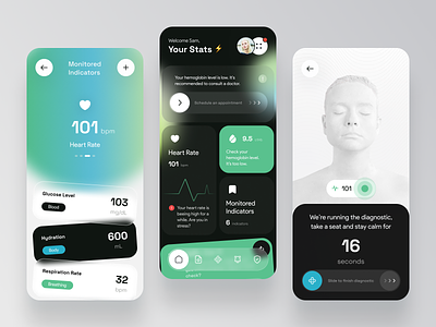 Healthcare Mobile App appointment blir cards diagnostic doctor gradient healthcare heart rate medical rounded stats tracking ui white space