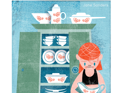 Moving On by Jane Sanders cat china cabinet dishes lonely woman