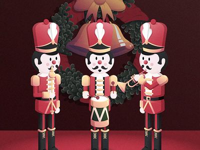 "A Nutcracker Tale" - Christmas animation / NFT animation bells black christmas contrast daily art drums flat design gold illustration musicians nutcrackers red trumpet vector vector illustration wreath