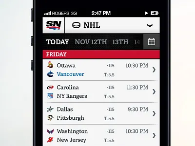 SportsNet Smartphone Concept app date dropdown list score sports time ui ux