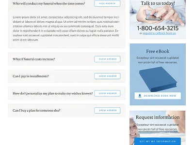 Departing.com website - FAQ page blue buttons death dying elderly faqs funeral light seniors typography web design website