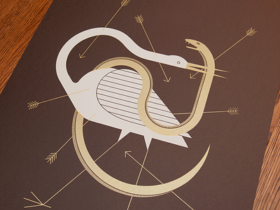 Snake & Crane Print animal brown crane french paper gold print screen print snake vector