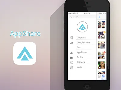 Appshare Sidebar album dropbox flat google drive group ios ios7 iphone photo share user interface video