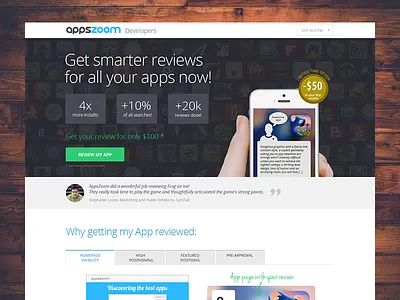 Landing page for app promotion button developers discount flat green landing quote review sale service tabs testimonials