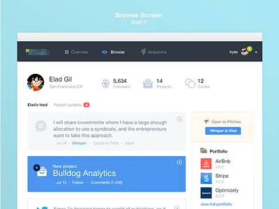 Browse analytics angel blue clean dashboard interface investors startups tech ui white ycombinator