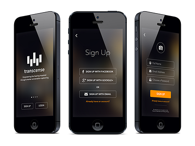 Transcense Login Flow dark interface ios iphone login mobile onboarding sign up ui ux