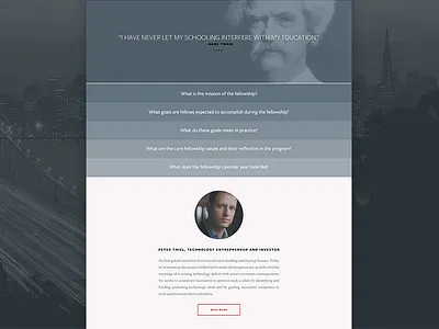 About The Fellowship accordion button call to action flat ghost button hamburger peter thiel quote