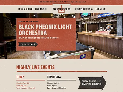 Rose & Crown Pub Banff bar music pub red restaurant rough texture vintage web design website