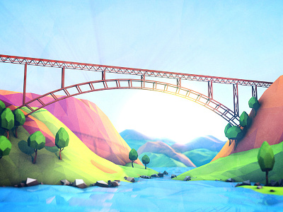 LowPoly West Virginia 3d bridge c4d color design environment low poly sun
