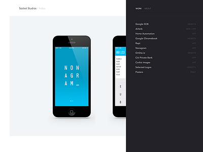 Socket Studios 2014 drawer index menu portfolio socket studios ui web