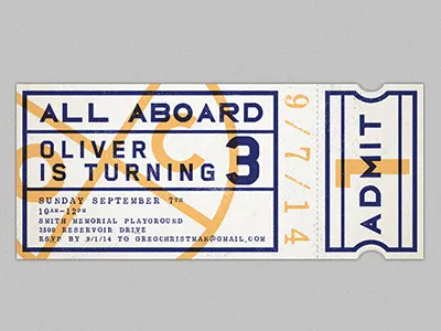 All Aboard birthday card design invitation kid kids birthday ticket train train ticket type