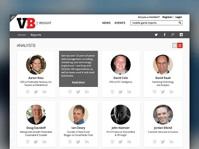 VentureBeat Insight Analysts Page cards design gray grid interface light list web white