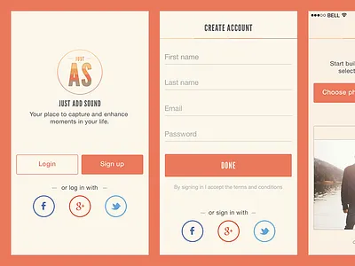 Just Add Sound Concept app audio form ios7 landing login mobile sign social sound step video