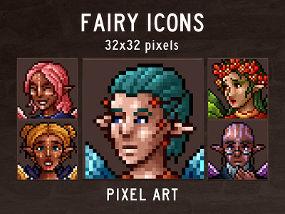 Free Fairy Avatar Icons 32×32 Pixel Art 2d 32x32 art asset assets avatar fairy fantasy game assets gamedev icon icone icons indie indie game mmo mmorpg pixel pixelart rpg