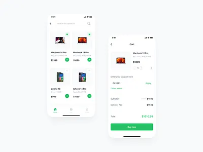 Shopping App app design cart checkout clean dailyui delivery design ecommerce ecommerce design figma green laptop minimal order order details phone shop shopping shopping cart ui
