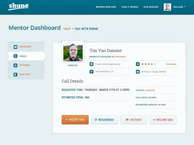 Shyne Call Dashboard avatar open sans profile roboto slab