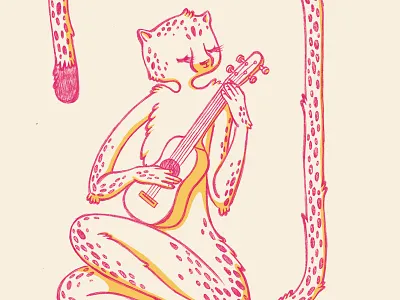 Chilling cheetah ball pen cheetah guitar illustration orange pink stains ukulele