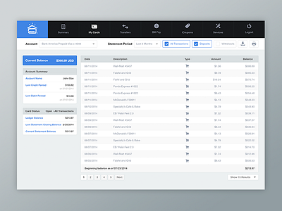 Card Activity - Data Grid and Filters card activity checkbox datagrid filters financial website grid pagination prepaid card user experience web app web application web design
