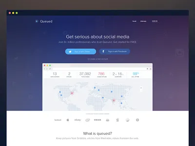Queued.com app clean dashboard landing page queue social ui ux web app