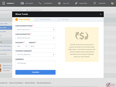 Popup / Modal Window - Share Funds breadcrumbs button modal window overlay popup popup window transfer money ui elements web form