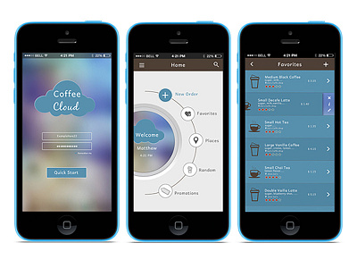 Coffee Cloud App app blue brown cloud coffee interface iphone photoshop project uiux